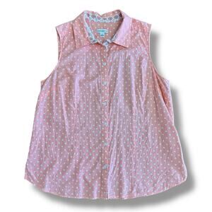 Croft & Barrow Women’s L Sleeveless Blouse Coral Pink White Polka Dot Cotton Top